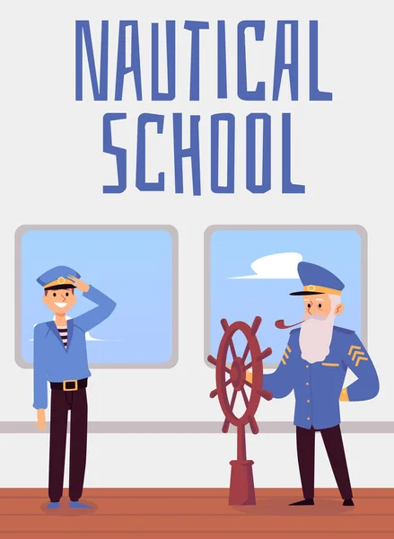 Nautisk skola banner eller affisch layout med sjömän platt vektor illustration. — Stock vektor