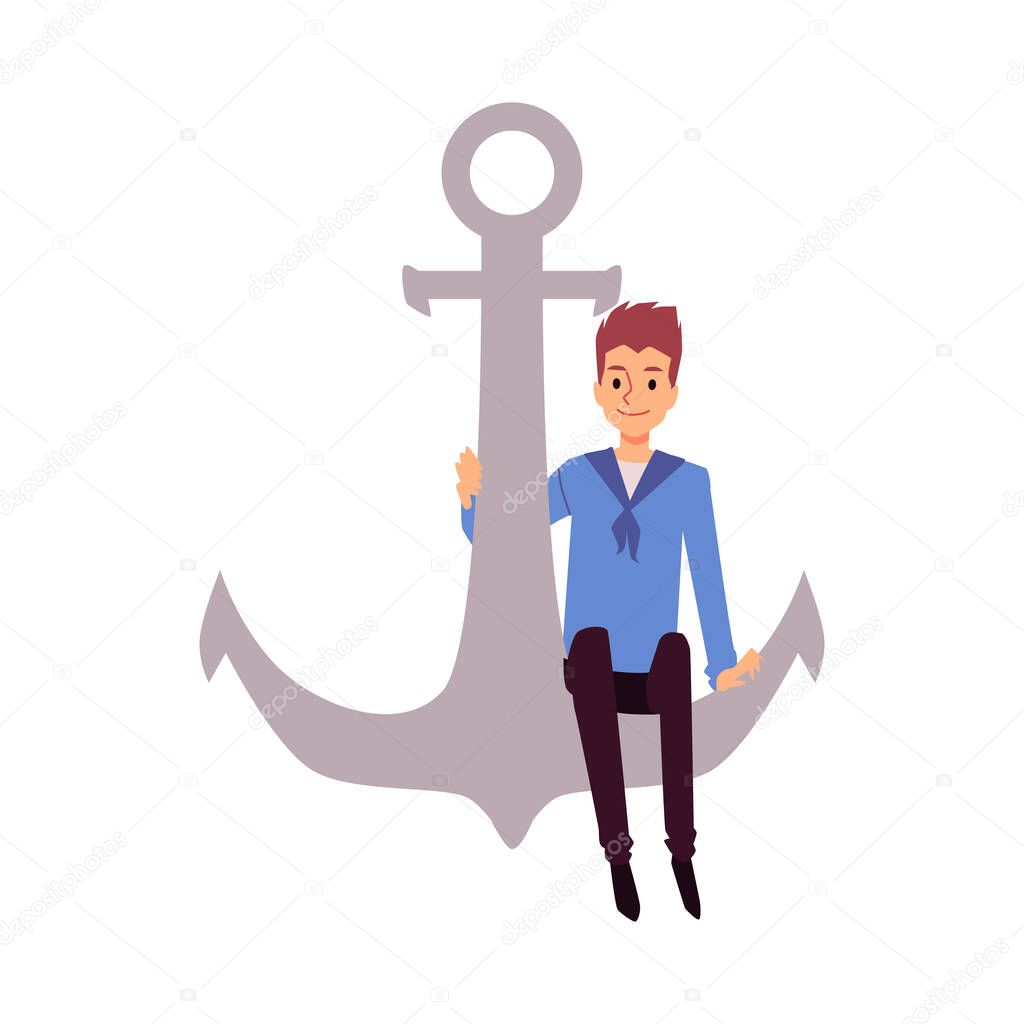 Young sailor or shipboy sits on ship anchor, flat vector illustration isolated.