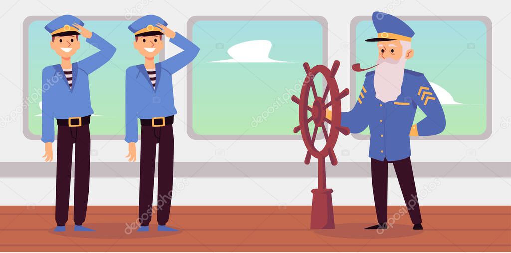 Old captain and young seamen on desk of sea ship flat vector illustration.