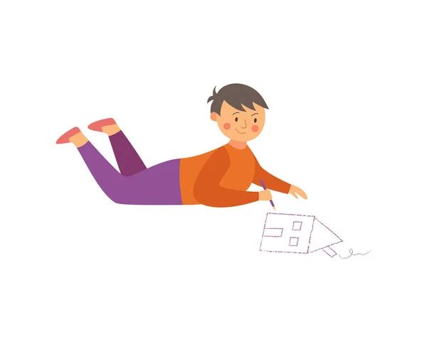 Petit garçon couché sur le sol et dessine une maison plat vecteur illustration isolé. — Image vectorielle