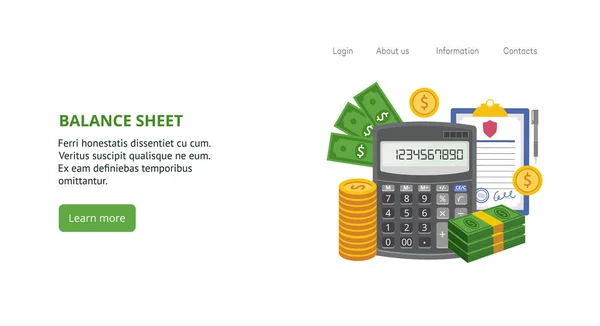 Modèle de page de débarquement avec calculatrice, pièces d'or, dollars et bilan — Image vectorielle