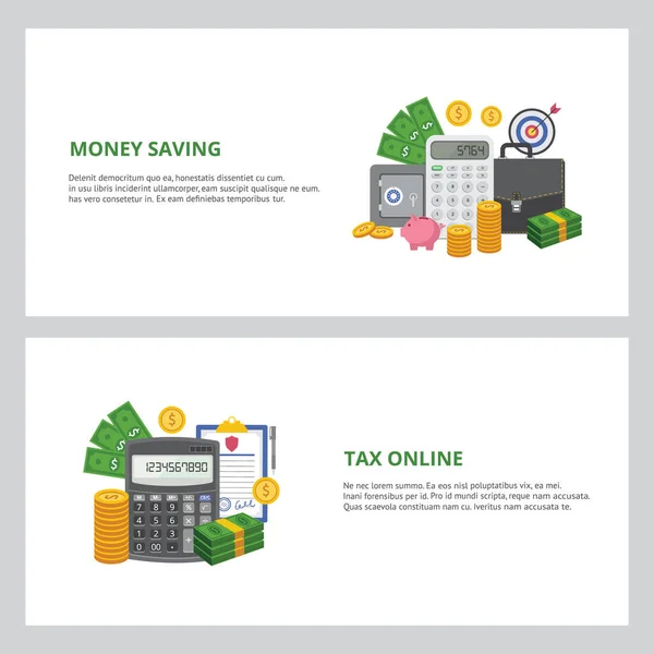 Εξοικονόμηση χρημάτων και φόροι σε απευθείας σύνδεση web banners ή φυλλάδια που επίπεδη διανυσματική απεικόνιση — Διανυσματικό Αρχείο