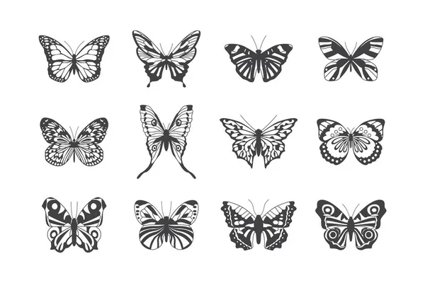 Línea mariposa formas conjunto de ilustraciones vectoriales en blanco y negro aislados. — Archivo Imágenes Vectoriales