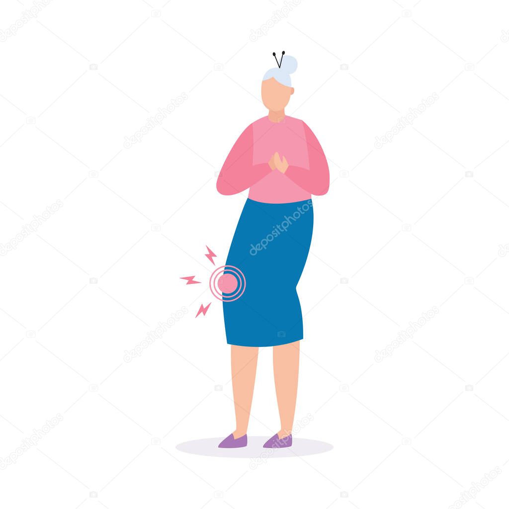 Elderly woman is suffering from osteoarthritis of knee joint a vector illustration
