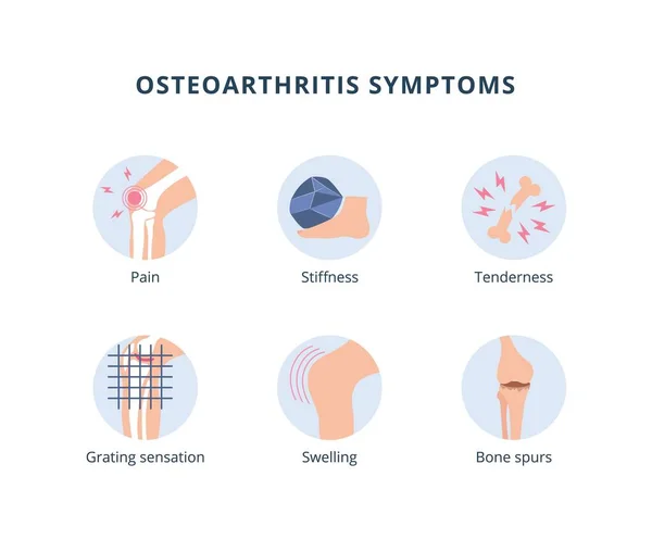 Sintomi di osteoartrite banner medico con illustrazione vettoriale piatta articolare del ginocchio. — Vettoriale Stock