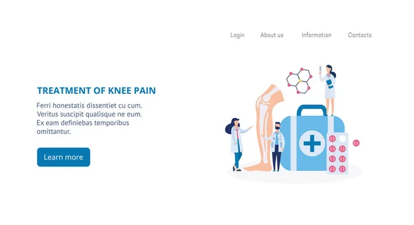 Knie pijn behandeling website banner met kleine artsen platte vector illustratie. — Stockvector