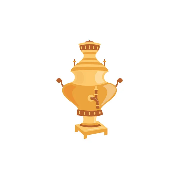 Rusia grande de metal dorado tetera samovar plana vector ilustración aislado. — Vector de stock