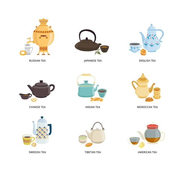 Chá de diferentes países - bebida tradicional em bule e xícara —  Vetores de Stock