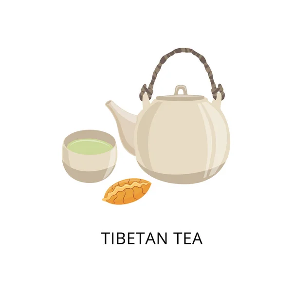 티베트 차 카드와 찻주전자, 차 플랫 벡터 일러스트를 담는 그릇. — 스톡 벡터