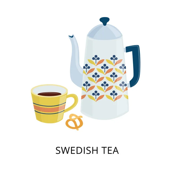 Tarjeta sueca de té o fika con taza y tetera, ilustración vectorial plana. — Vector de stock
