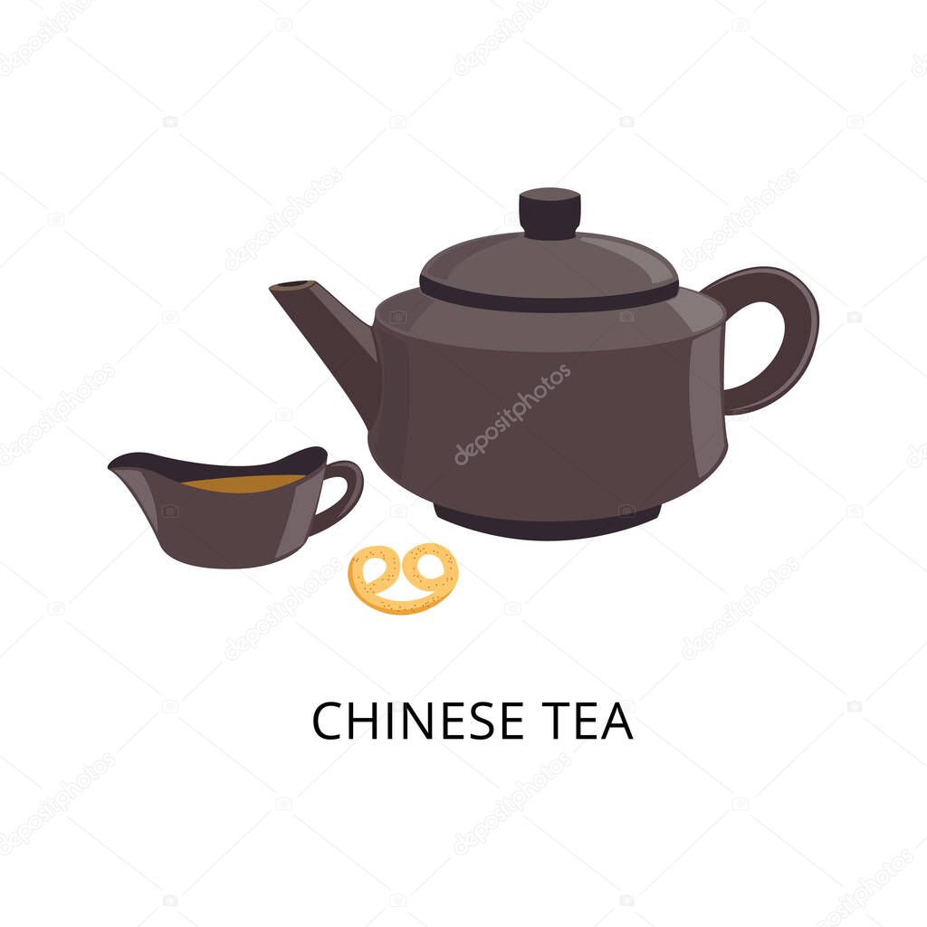 Chinese tea utensil with ceramic pot and cup flat vector illustration isolated.