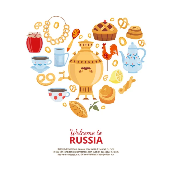 Símbolos fiesta del té ruso con samovar y pasteles como corazón una ilustración vectorial — Vector de stock