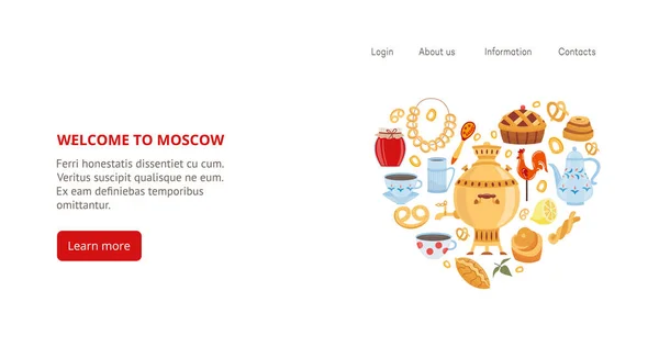 Willkommen auf der Moskauer Website Header mit Tee-Utensilien flache Vektor-Illustration. — Stockvektor