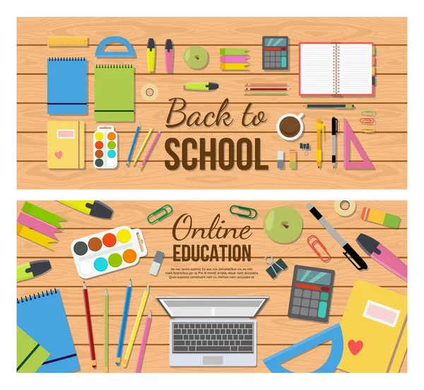 Volver a la escuela y la educación en línea banners web conjunto, ilustración de vectores planos. — Vector de stock