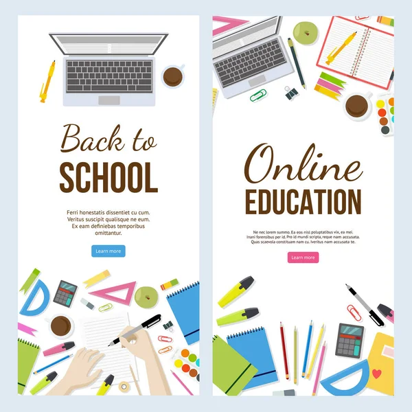 Zurück zur Schule und Online-Bildungs-Banner Set, flache Vektorillustration. — Stockvektor