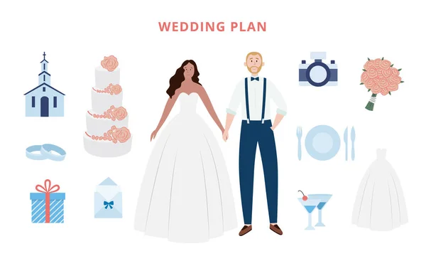 Iconos de plan de boda conjunto con novia y novio ilustración vector plano aislado. — Archivo Imágenes Vectoriales