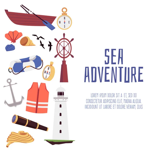 Banner de aventura de mar para fondo de medios sociales, ilustración de vector plano. — Archivo Imágenes Vectoriales