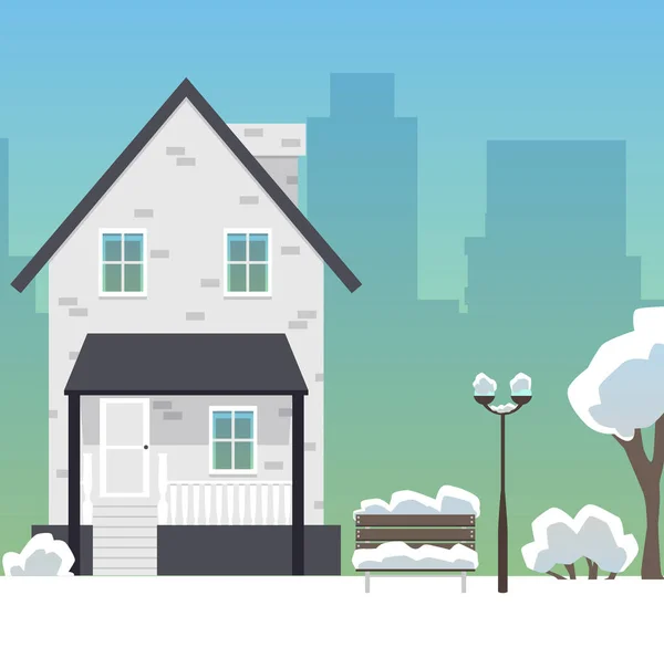 Χειμερινός δρόμος της πόλης με προαστιακό σπίτι και ουρανοξύστες επίπεδη διανυσματική απεικόνιση. — Διανυσματικό Αρχείο