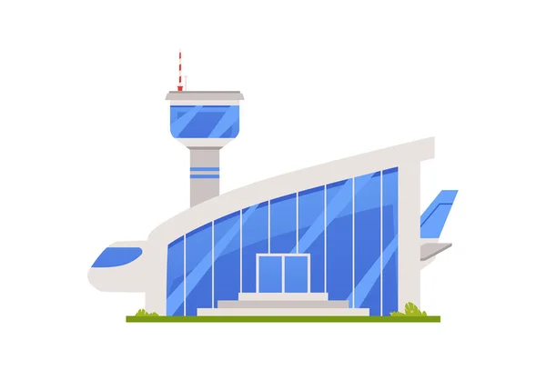 Edifício moderno do aeroporto moderno com ilustração vetorial plana de avião isolado. — Vetor de Stock