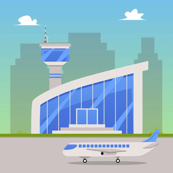 Cityscape fundo com aeroporto terminal edifício plana vetor ilustração. —  Vetores de Stock