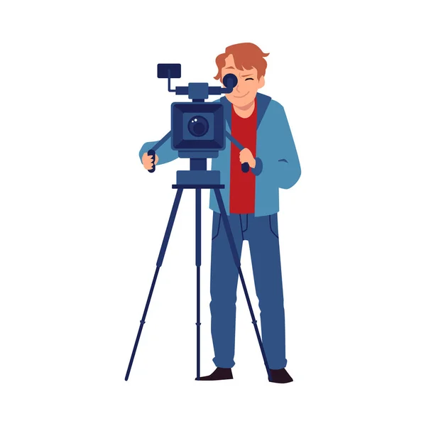 Cameraman of video operator schieten een video, platte vector illustratie geïsoleerd. — Stockvector