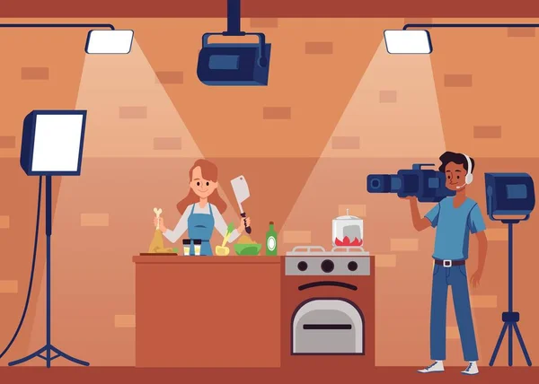 Tournage d'un spectacle culinaire ou d'une scène de blog illustration vectorielle plate. — Image vectorielle