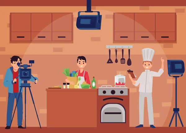 Γυρίσματα μαγειρικής τηλεοπτικής εκπομπής σε κινηματογραφικό στούντιο επίπεδη διανυσματική απεικόνιση. — Διανυσματικό Αρχείο