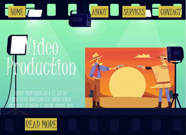 Video productie studio website met mensen filmen film, vector illustratie. — Stockvector