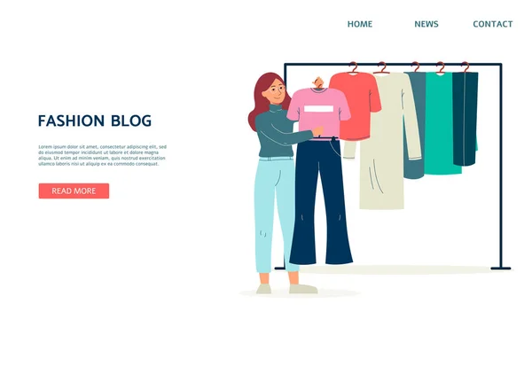 Interface de internet de blog de moda com mulher blogger ilustração vetorial plana. — Vetor de Stock