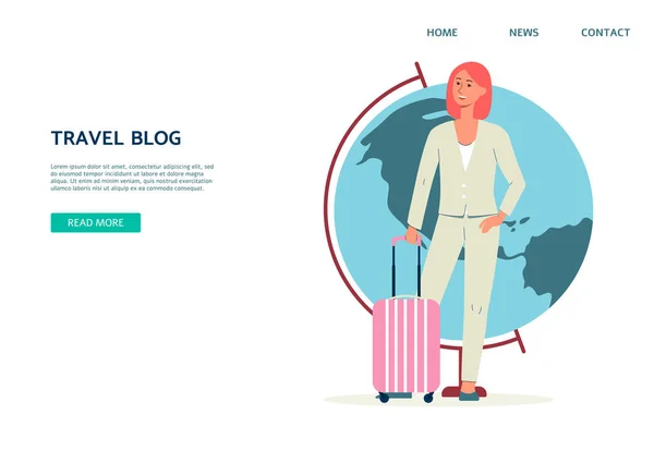 ( 영어 ) Travel blog site interface with traveling woman blogger flat vector illustration. — 스톡 벡터