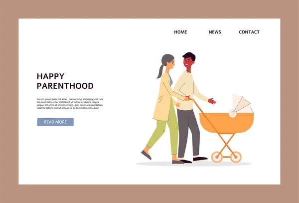 Bannière web Happy Parenthood avec des personnages de parents illustration vectorielle plate. — Image vectorielle