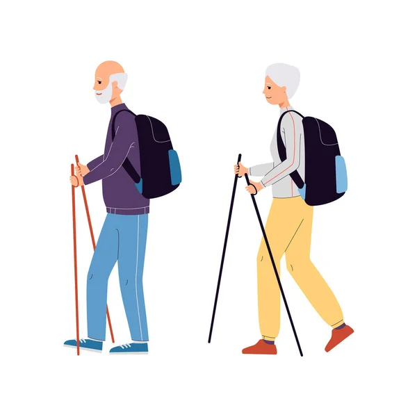 Oudere paar Scandinavische wandeling activiteit, platte vector illustratie geïsoleerd. — Stockvector