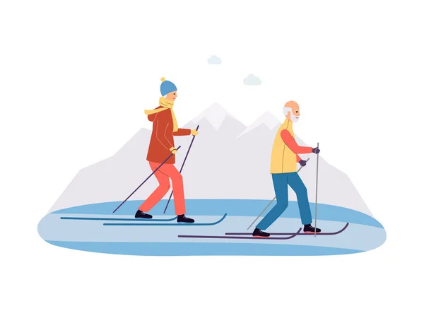 Karlı tepelerde kayak yapan yaşlılar, düz vektör çizimi izole edildi. — Stok Vektör