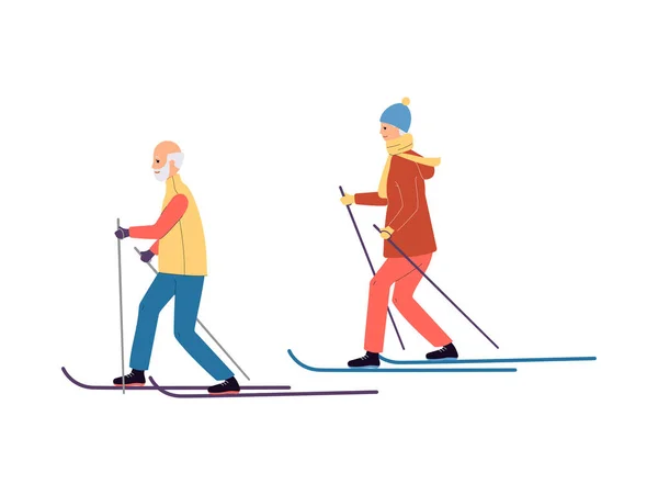 Skifahren ältere Paare Cartoon-Charaktere flache Vektor Illustration isoliert. — Stockvektor