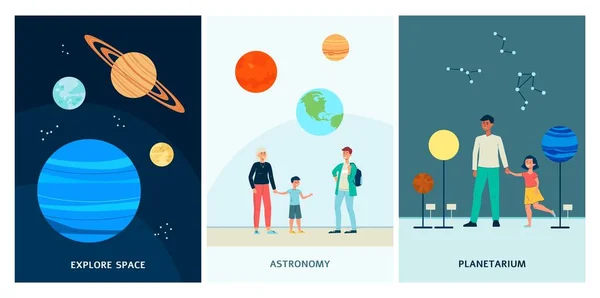 Sada vektorových plakátů s lidmi navštěvujícími planetárium. — Stockový vektor