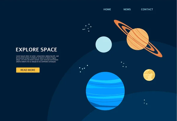 Banner de galaxia espacial para sitio web de astronomía, planetas de dibujos animados en el cielo oscuro — Vector de stock