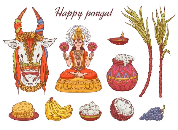 Set di icone vettoriali colorate per la tradizionale festa nazionale indiana di pongal. — Vettoriale Stock