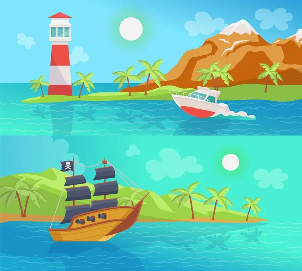 Marine banners with sea boats at summer backgrounds, επίπεδο διάνυσμα. — Διανυσματικό Αρχείο