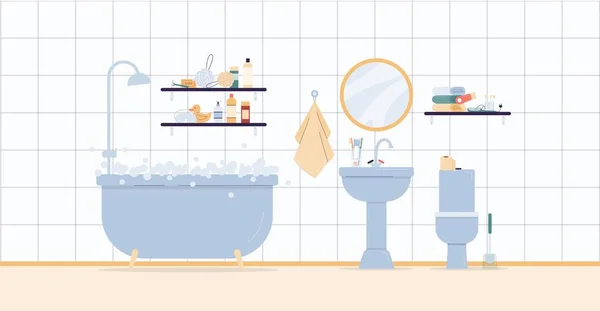 Intérieur de salle de bain avec accessoires pour l'hygiène personnelle une illustration vectorielle — Image vectorielle