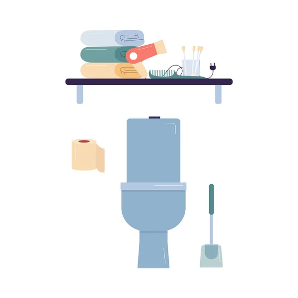 Bol de toilette avec accessoires hygiéniques illustration vectorielle plate isolé. — Image vectorielle