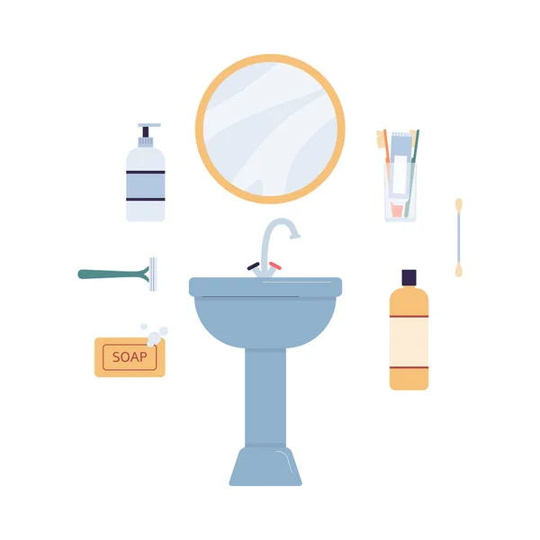 Badkamer wastafel met accessoires voor het baden platte vector illustratie geïsoleerd. — Stockvector