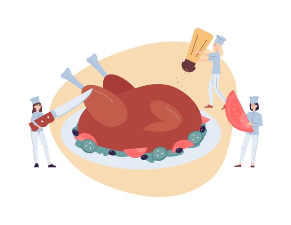 Winzige Köche servieren Thanksgiving festlichen Truthahn flache Vektor Illustration isoliert. — Stockvektor