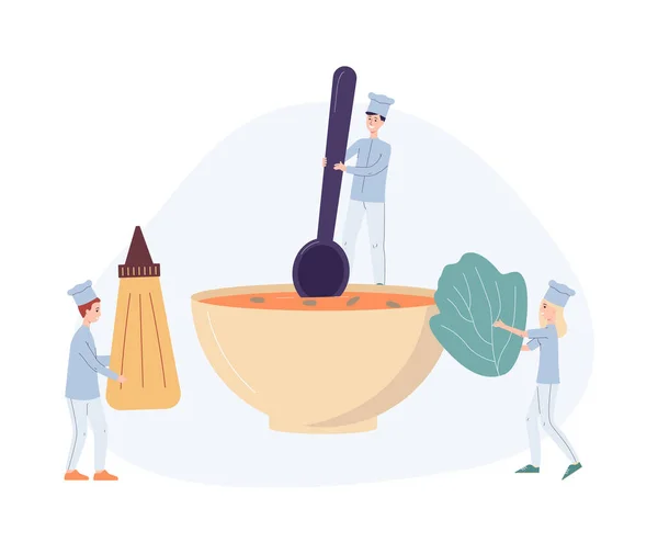 Małe kucharze postacie gotowanie warzyw zupa płaski wektor ilustracja izolowane. — Wektor stockowy