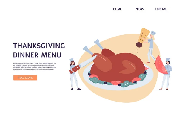 Thanksgiving Dinner Menü Web-Seite Vorlage mit Köchen flache Vektorillustration. — Stockvektor