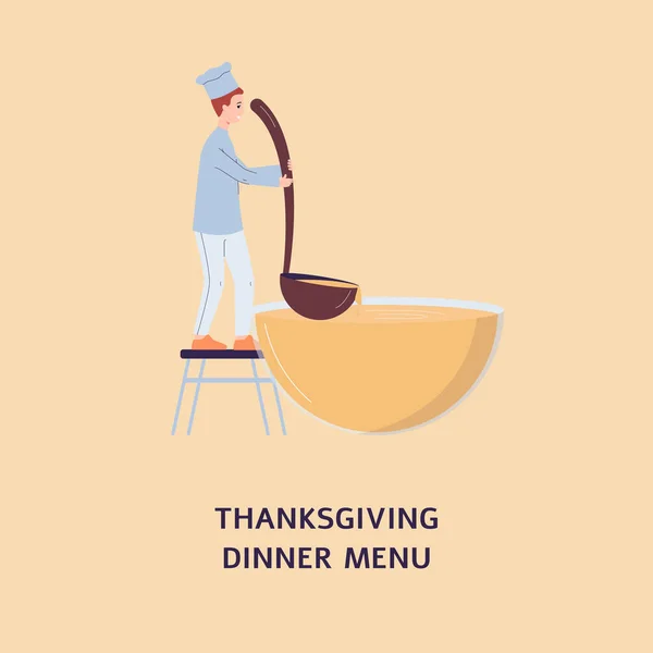 Cubierta de menú de cena de Acción de Gracias con cocinero jefe diminuto, ilustración de vector plano. — Vector de stock