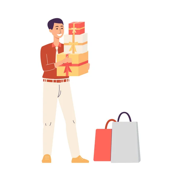 Happy shopper or buyer with bags and boxes flat vector illustration isolated. — Stock Vector