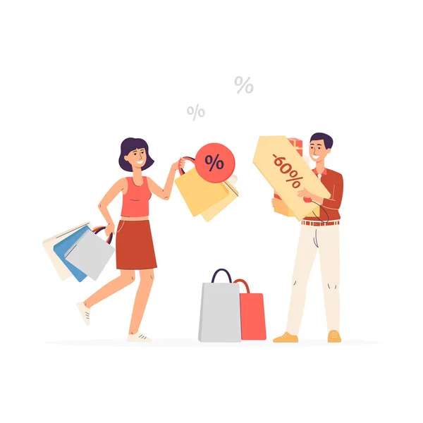 Compradores felices con muchos bolsos y venta de descuento un vector ilustración aislada — Vector de stock