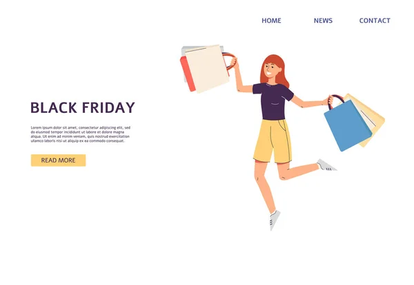 Banner web de ventas de viernes negro con compras de mujer, ilustración de vector plano. — Vector de stock