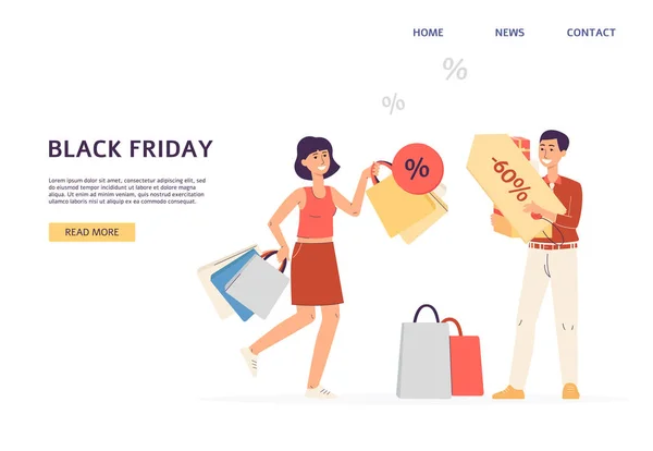Black Friday website with people shopping on sale, płaski wektor ilustracji. — Wektor stockowy