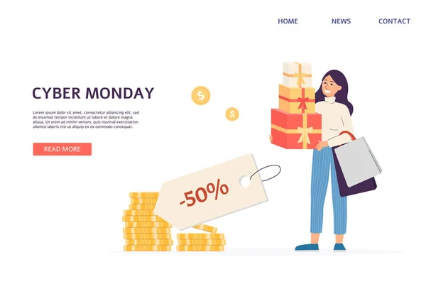 Cyber lunes banner del sitio web para la promoción de venta en línea, ilustración de vector plano. — Vector de stock